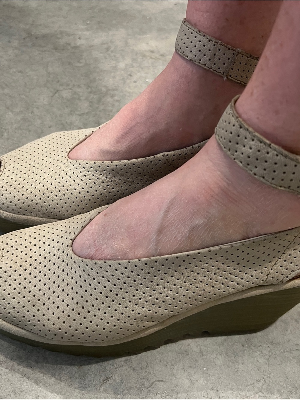 Fly London Perforated Ankle-Strap Wedge in Taupe
